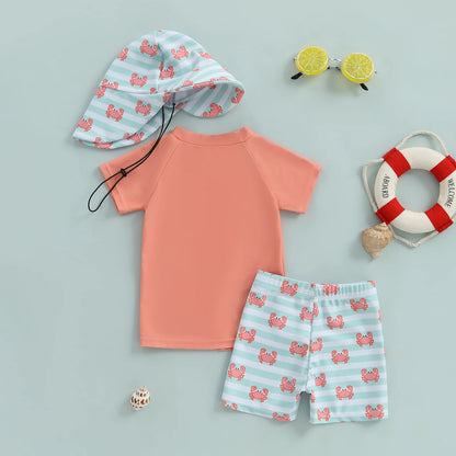 Infant Baby Boys 3 Piece Swimsuit Suit Summer Toddler Rash Guard Short Sleeve Tops Turtle Print Swim Trunks Cap Kid Bathing Suit