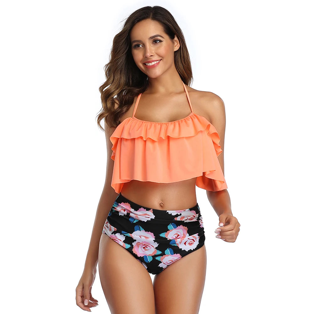 Swimwear Women Halter Ruffle Bikinis High-Waist Split Two-Piece Off Shoulder Swimsuit Pool Beachwear Bathing Suit Plus Size XXL