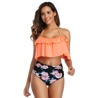 Swimwear Women Halter Ruffle Bikinis High-Waist Split Two-Piece Off Shoulder Swimsuit Pool Beachwear Bathing Suit Plus Size XXL