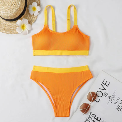 Orange High Waist Bikini Swimsuits Push Up Swimwear Women Splicing Biquini Beachwear Ribbed Bathing Suits Female