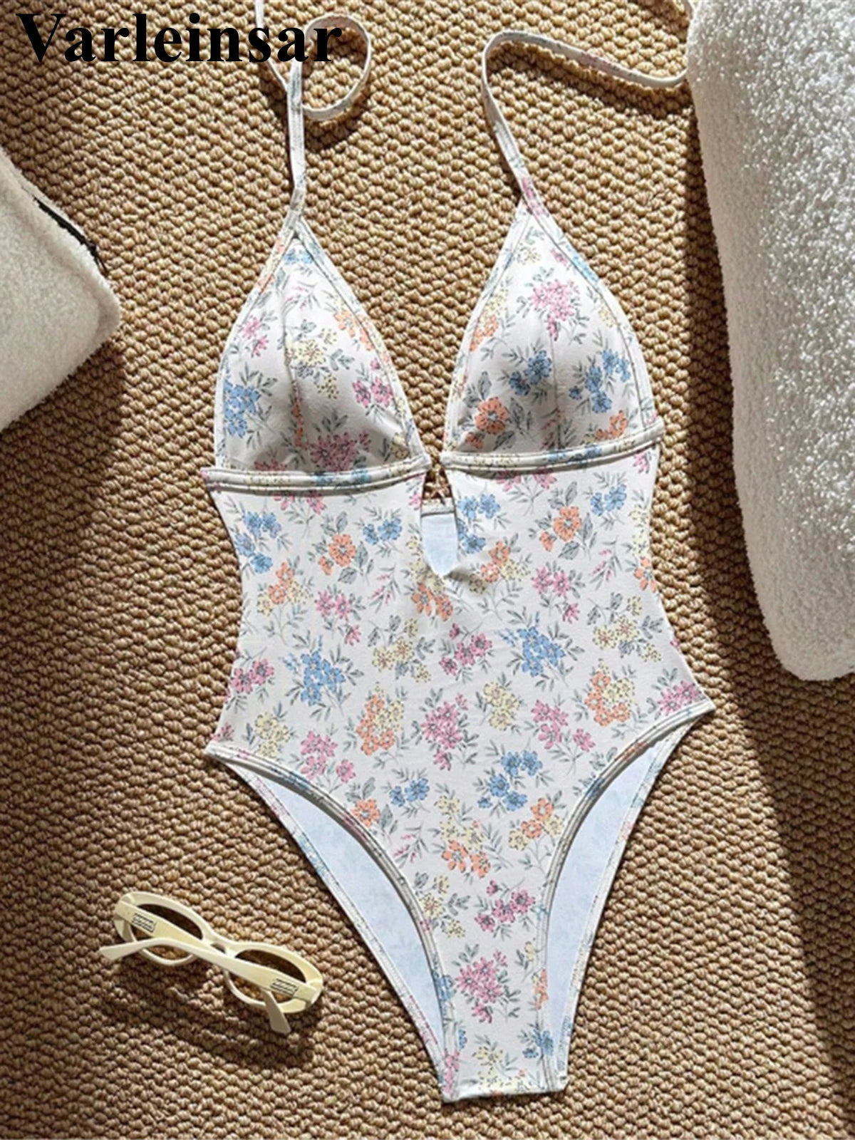 S - XL 2026 Flower Printed Floral V Neck Women Swimwear One Piece Swimsuit Female Halter Monokini Bather Bathing Suit Swim