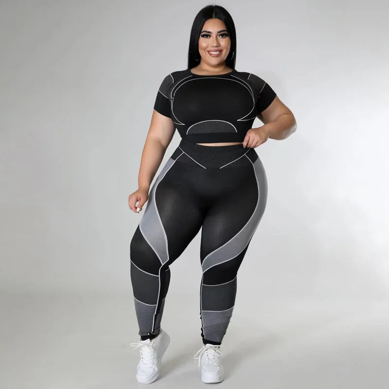 Plus Size Sets Women's Clothes Tracksuit Short Top and Pant Two Piece Sets Gym Joggers Sports Outfits High Elastic Yoga Set