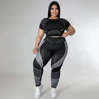 Plus Size Sets Women's Clothes Tracksuit Short Top and Pant Two Piece Sets Gym Joggers Sports Outfits High Elastic Yoga Set