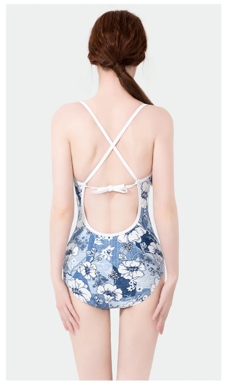 Women Vintage Racing One-piece Swimwear Sun Protection Professional Competition Flower Printed Swimsuit Training Bikini