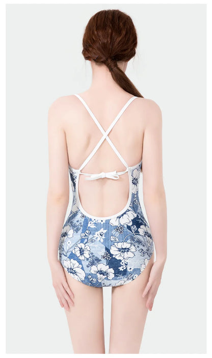 Women Vintage Racing One-piece Swimwear Sun Protection Professional Competition Flower Printed Swimsuit Training Bikini