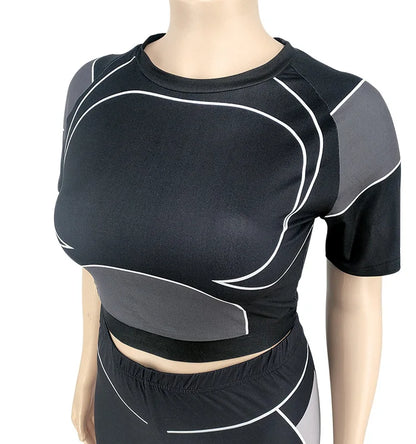 Plus Size Sets Women's Clothes Tracksuit Short Top and Pant Two Piece Sets Gym Joggers Sports Outfits High Elastic Yoga Set