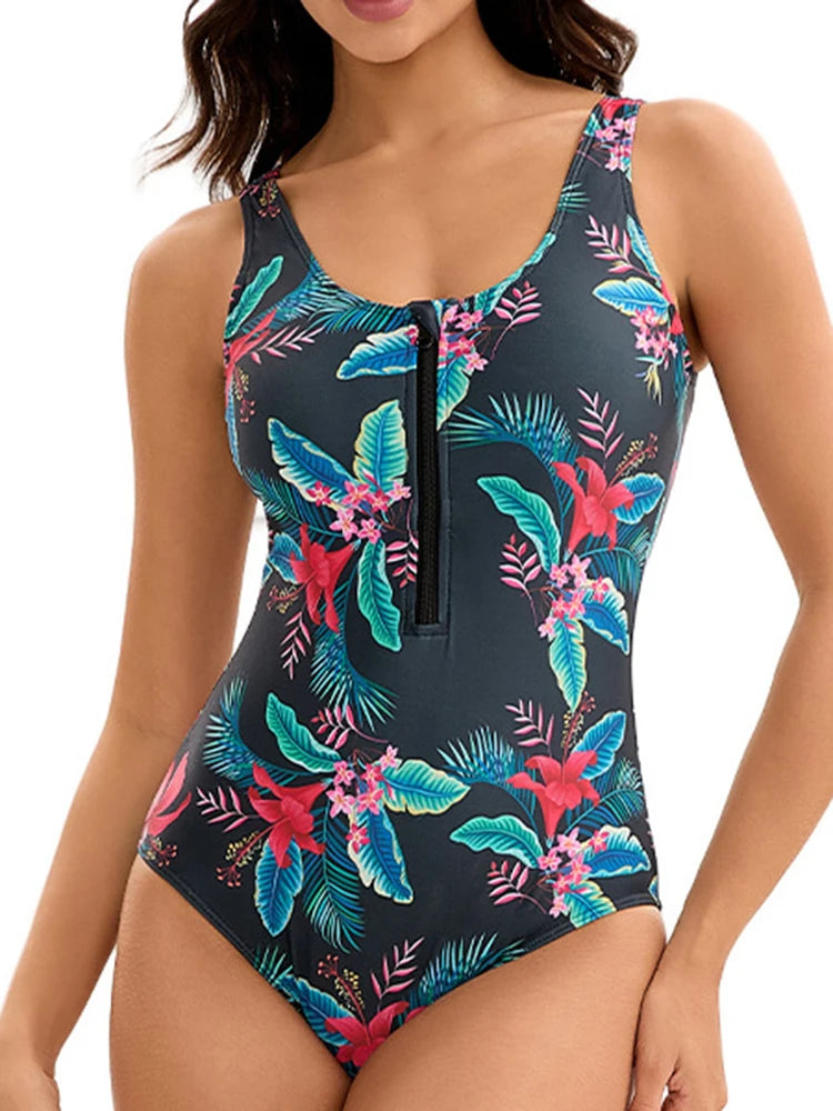 One Piece Swimsuit Women Print O Neck Half Zipper Bodysuit Backless Sleeveless Fashion Beachwear