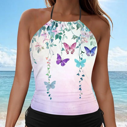Women's Leaf Print Tankini Swimwear Summer Backless Hanging Neck Suspender Tops Mid Waist Side Drawstring Conservative Shorts