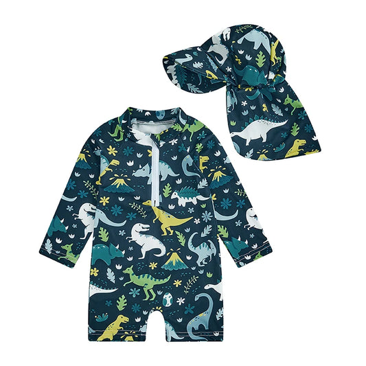 1-5Years Kids Boy Swimwear Dinosaur Print Half Zipper Long Sleeve Swimsuit Non-Pilling Rash Guard with Sunhat Child Beach wear