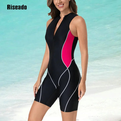 Athletic Women's Boyleg One Piece Swimsuit Knee Length Zip Front Sports Bathing Suit Big Size