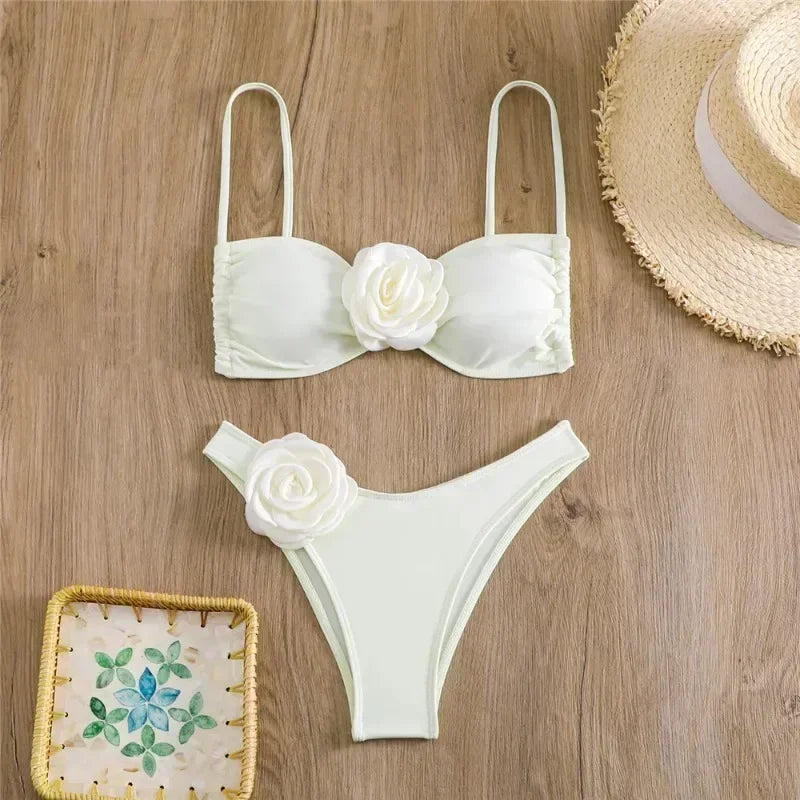 Flower Bandeau Swimwear Thong Bikini Women Lace-up Swimsuits Swimming Bathing Suit Brazilian Bikinis Set Mujer Biquini