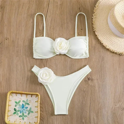 Flower Bandeau Swimwear Thong Bikini Women Lace-up Swimsuits Swimming Bathing Suit Brazilian Bikinis Set Mujer Biquini