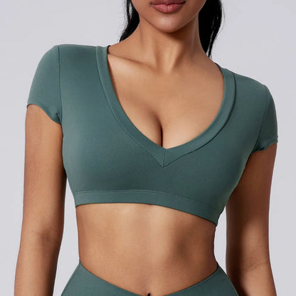 Pad 2PCS Short Sleeve Women Gym Yoga Set Clothes Sportswear Running Shorts Workout Sports Crop Top Running Suits