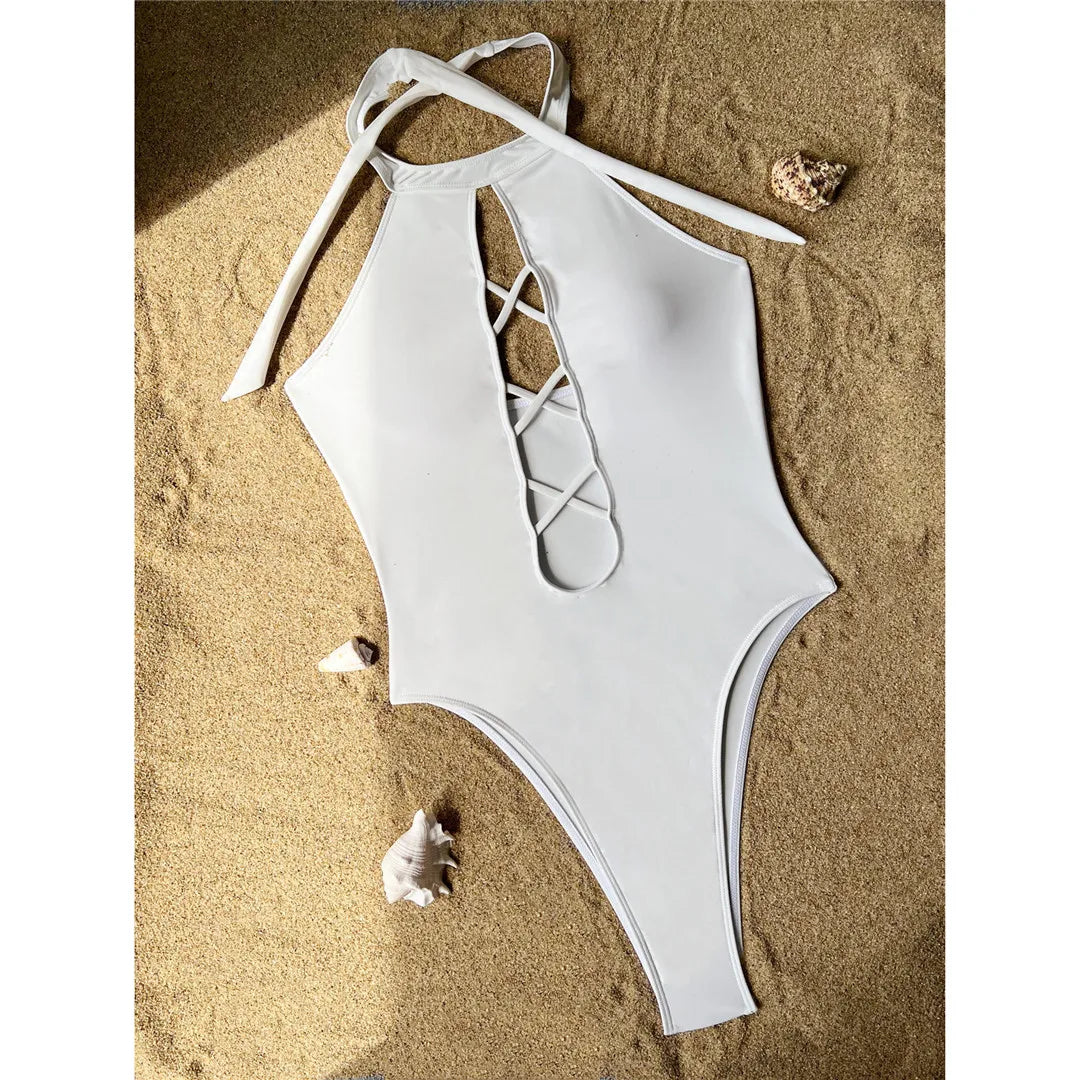 S - XL 7 Colors Lace Up High Neck Full Back Women Swimwear One Piece Swimsuit Female High Leg Cut Bather Bathing Suit Swim