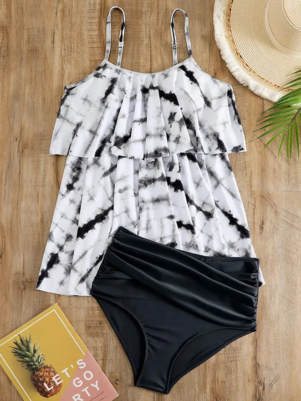 Two Piece Swimsuit Dress Women Ruffle Tankini Plus Large Size Swimwear Female Black Bathing Swimming Swim Suit Beachwear