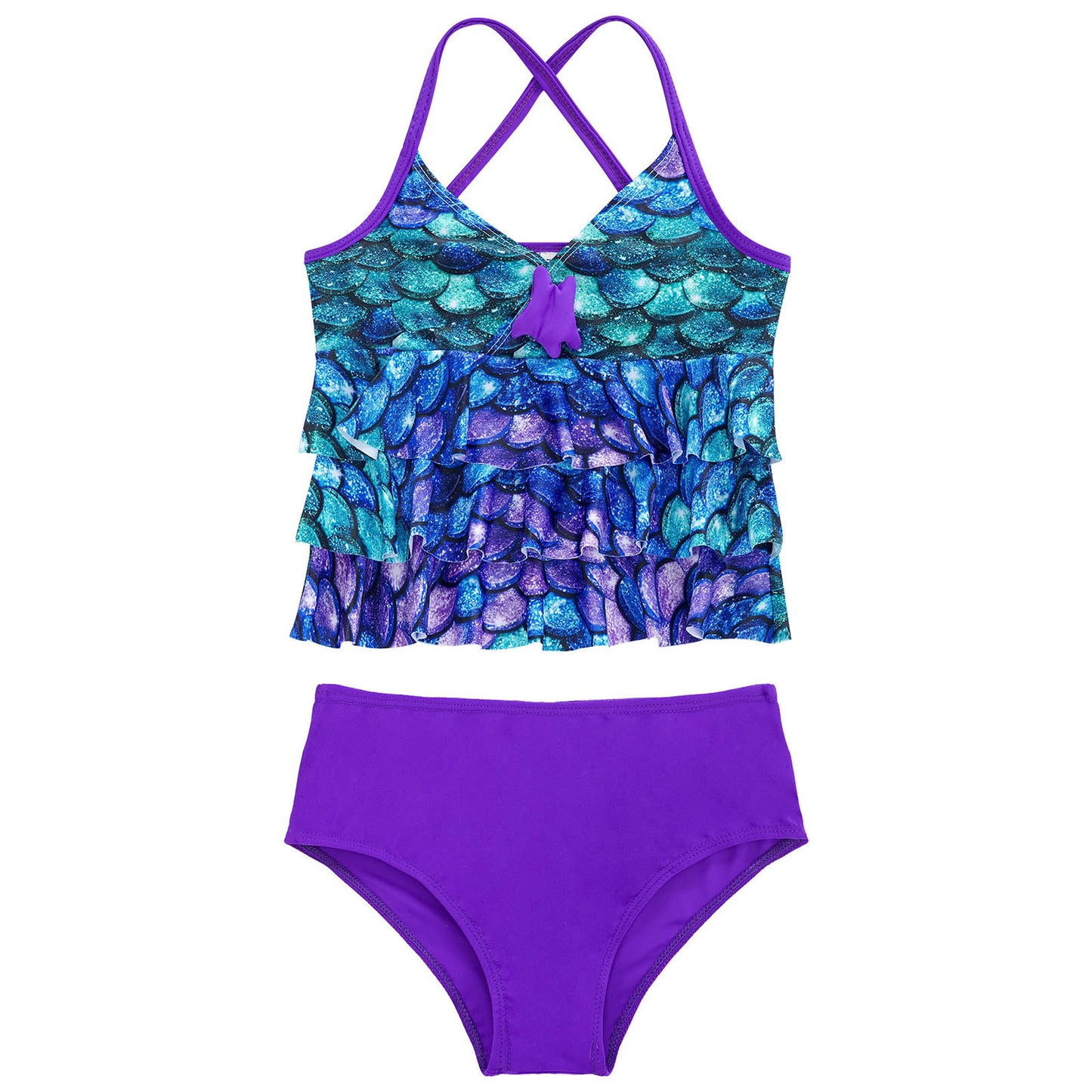 Kids Girls Fish Scales Mermaid Bathing Suit Two-piece Bikini Swimsuit Sleeveless Tops with Briefs Tankini Swimwear Beachwear