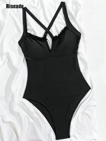 V Neck High Cut Cross Back One Piece Swimsuits Bathing Suits 80s/90s Design Swimwear Bathers