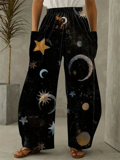 Simple Star And Moon Abstract Sun Print Pants Fashionable European And American Ladies Wide-leg Pants Delicate And Elegant Pants