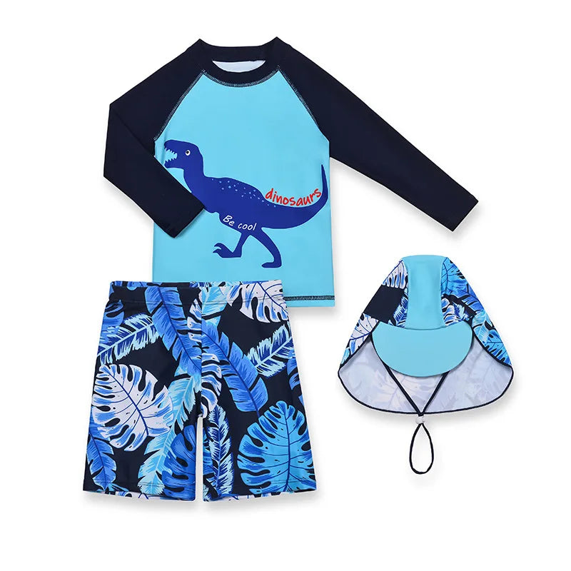 3 Pcs Boy Swimsuit Sun Protection UPF 50+ Long Sleeve Swimming Sunsuit With Hat Split Cartoon Dinosaur Bathing Suits Children