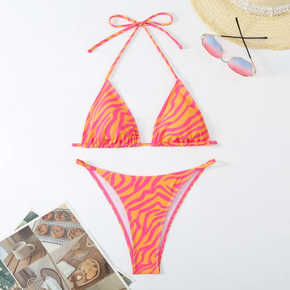 Halter Printed Bikini Women Thong Swimwear Female Triangle Swimsuit Bathers Bathing Swimming Swim Suit Beachwear Summer