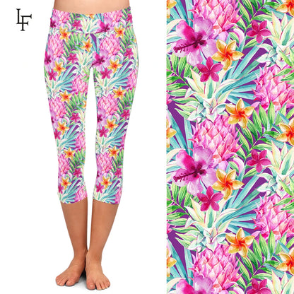 Flowers Digital Printing Fitness Capri Leggings High Waist  Mid-Calf 3/4 Leggings