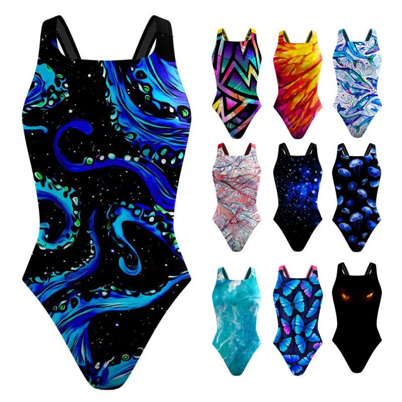 One-Piece Colorful Digital Designs Printed Swimsuit Tight Racing Swimwear for Women