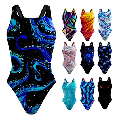 One-Piece Colorful Digital Designs Printed Swimsuit Tight Racing Swimwear for Women