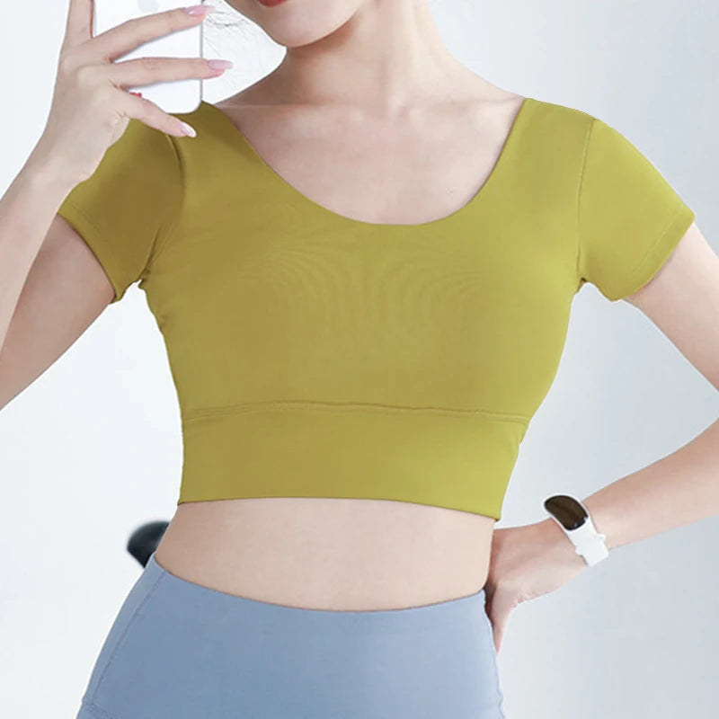 Built-in Cup Gym Crops U Neck Yoga Crop Top Grace Neck Line Bra Elastic Stretchy Fitness Crops Breathable Gym Top