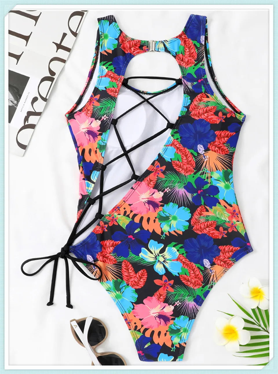 Lace Up Back Swimsuit One Piece Printed Swimwear Women Backless Bathing Swimming Suit Female Padded Beachwear Bodysuit