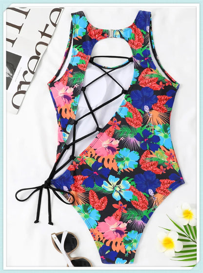 Lace Up Back Swimsuit One Piece Printed Swimwear Women Backless Bathing Swimming Suit Female Padded Beachwear Bodysuit