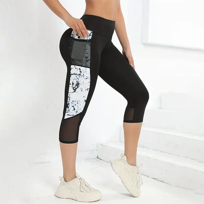 Marble Print Butt Lifting Sports Capri Leggings With Pockets, High Waisted Yoga Tight Capri Pants, Women's Activewear