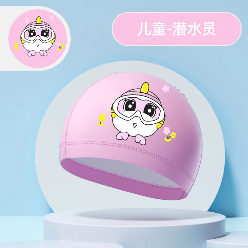 Children's Swimming Caps Boys Girls Kids Cartoon Swim Hat High Elastic Ear Protection PU Waterproof Swimming Cap