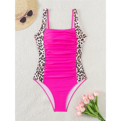 S - XXL 8 Colors Leopard Splicing Women Swimwear One Piece Swimsuit Female Wrinkled High Leg Cut Bather Bathing Suit Swim