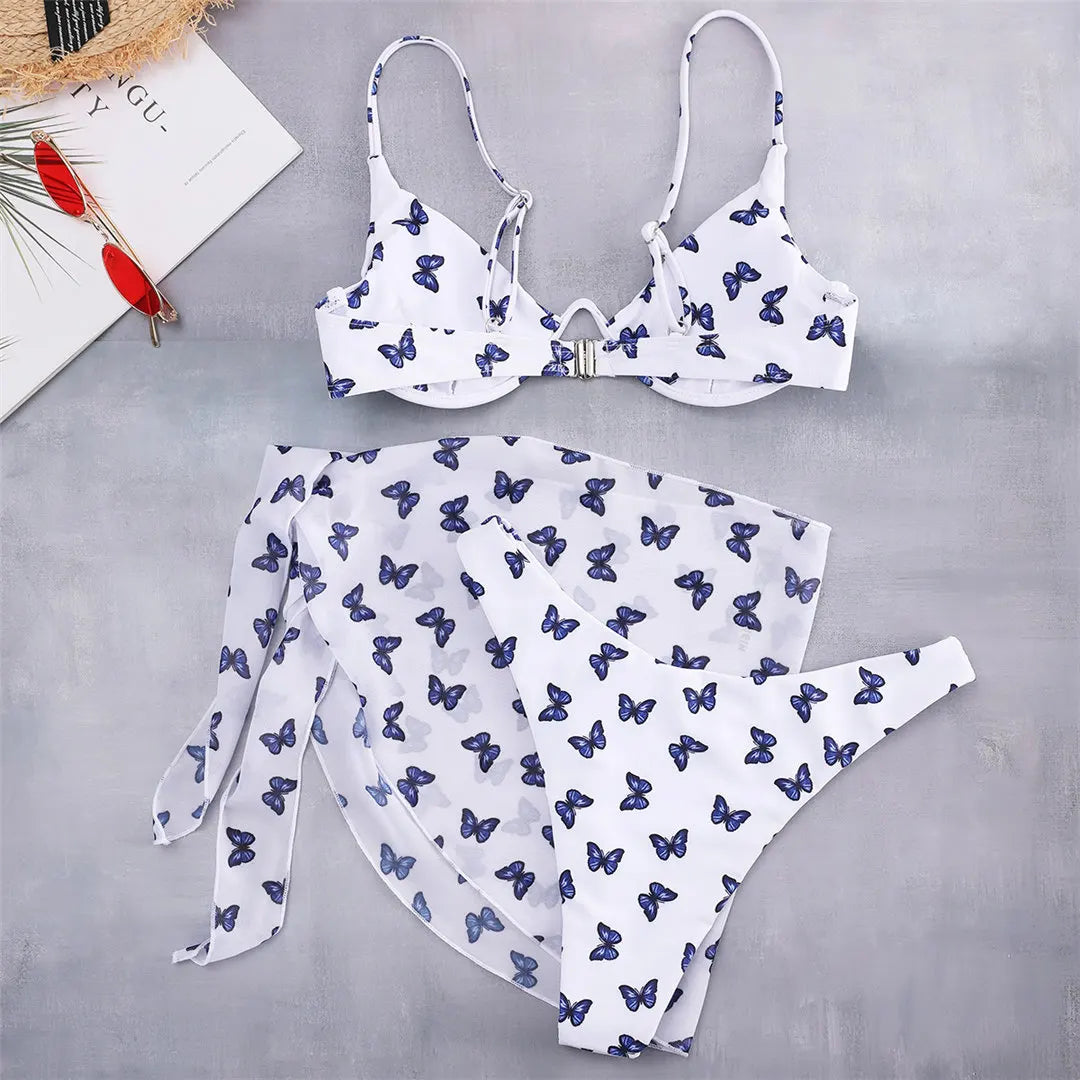 Butterfly V-bar Underwire Bikini Female Swimsuit Women Swimwear Three-pieces Bikini set Sarong Bather Bathing Suit Swim