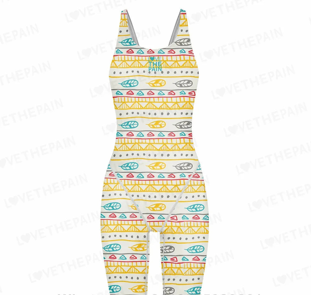 Love The Pain Women Racer Back Bodysuit Knee Length Swimsuit Professional Sports Training Swimwear Backless Athletic Swimsuit