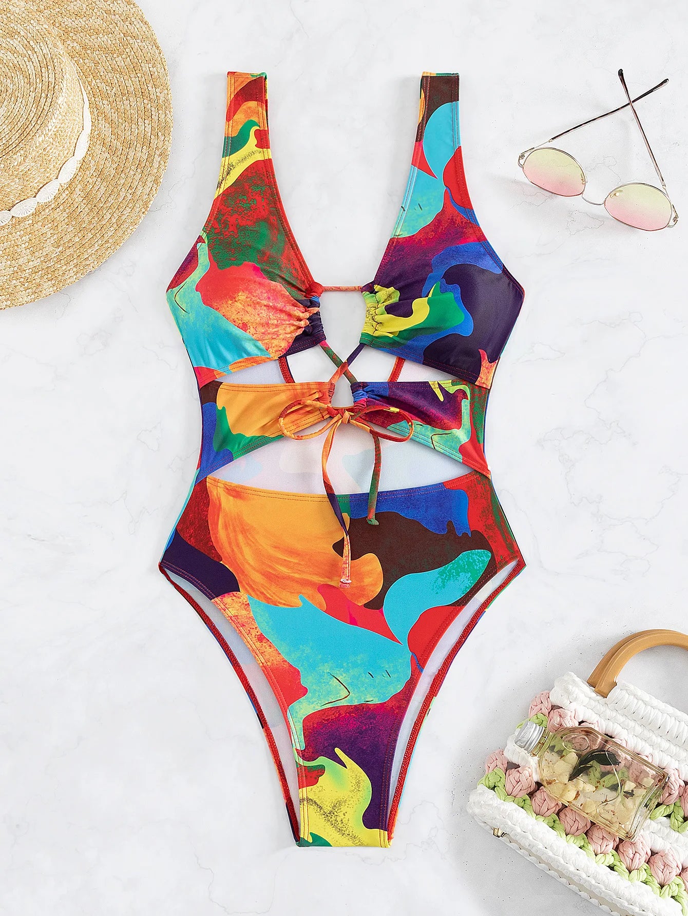 Colorful Tie Dye Gradient Swimwear Women Hollow Out Bandage Cross Pleated Holiday One Piece Swimsuit Beach Bathing Suit