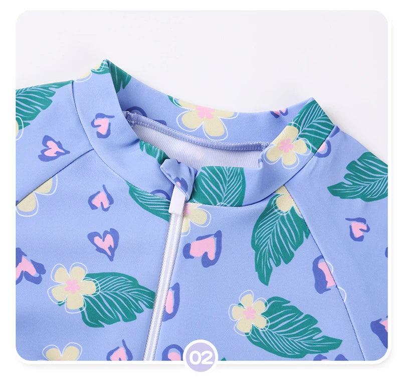Leaf Print One Piece Girls Swimwear Kids Short Sleeve Swimsuit With Front Zipper Summer Children Swimming Suit Beachwear
