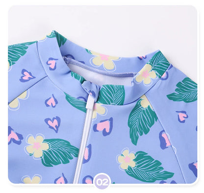 Leaf Print One Piece Girls Swimwear Kids Short Sleeve Swimsuit With Front Zipper Summer Children Swimming Suit Beachwear
