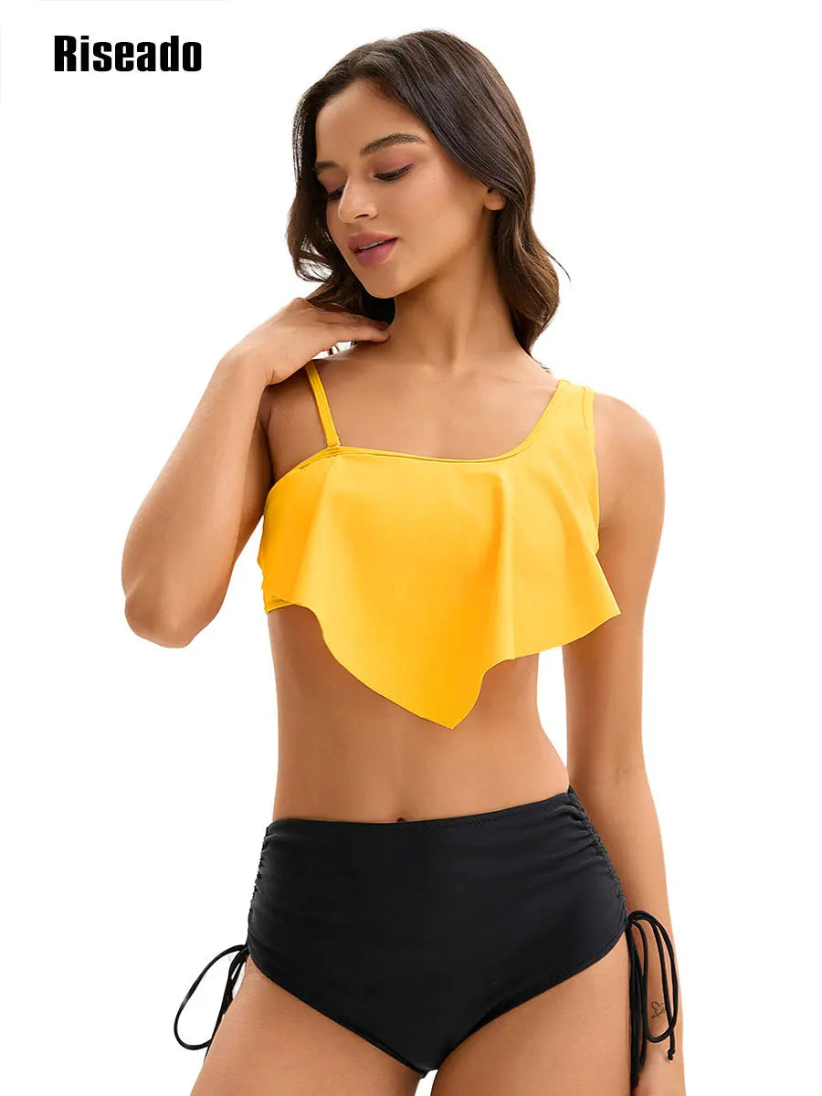 Ruffle Bikinis for Women Scoop Neck Swimsuits Lace Up One Shoulder Bikini Sets High Waist 2 Piece Bathing Suits