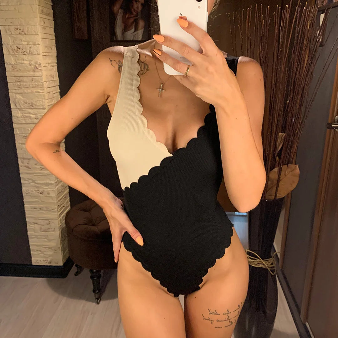Scalloped Splicing High Cut One Piece Swimsuit Women Swimwear Female Ribbed Bather Bathing Suit Swim Lady