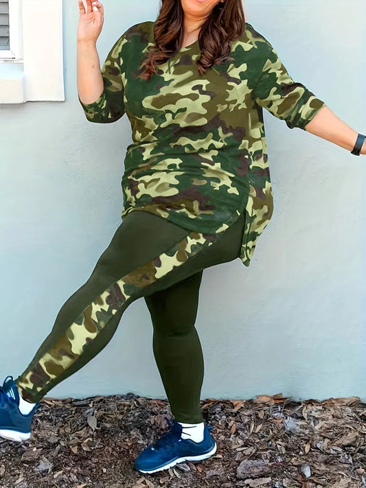 Wmstar Plus Size Women Clothes Camouflage Printed Stretch Long Sleeve Shorts Fashion Casual Two Piece Set