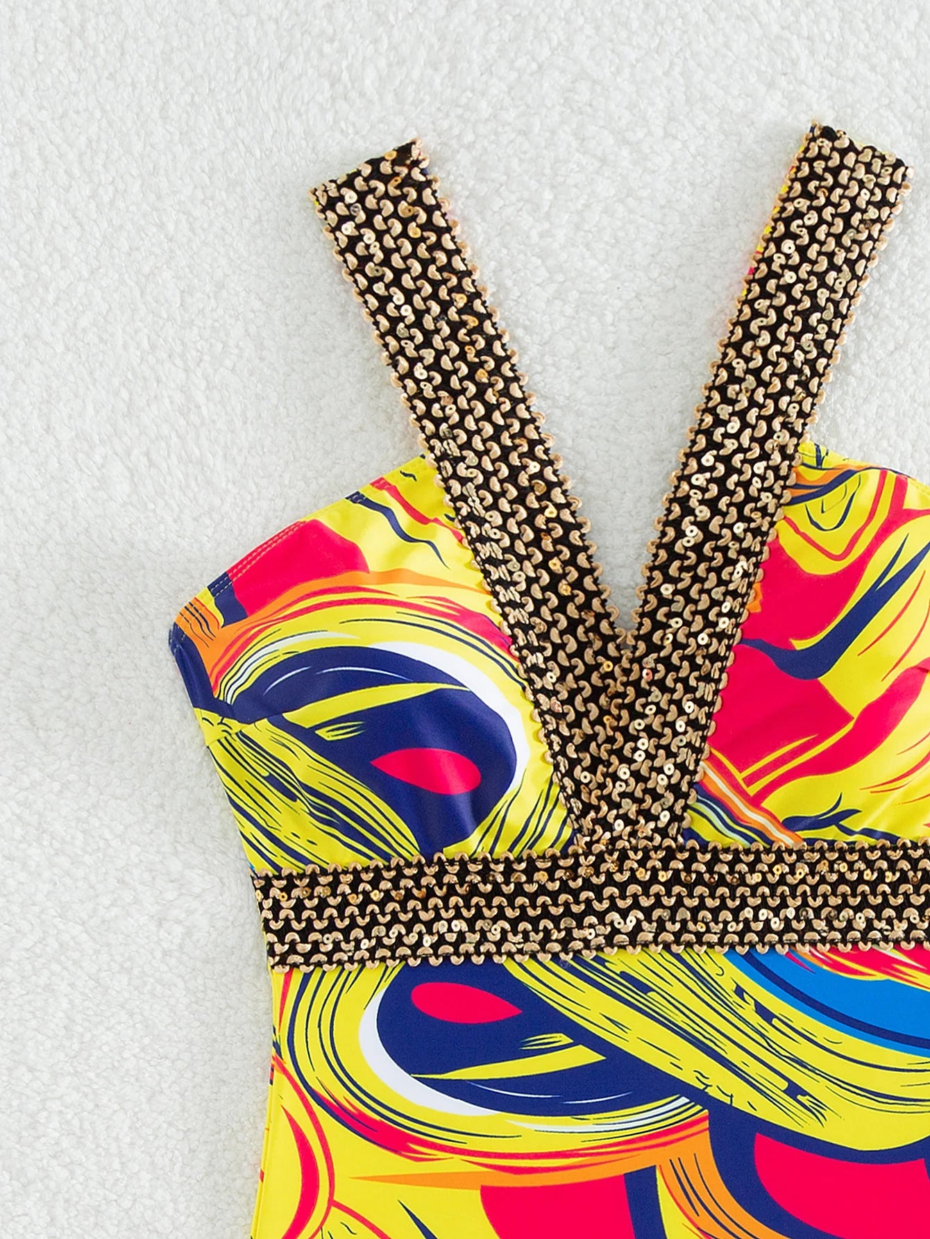 Yellow Design Print Strapped Swimwear Women Patchwork Push Up One Piece Swimsuit Monokini Backless Hollow Bathing Suit