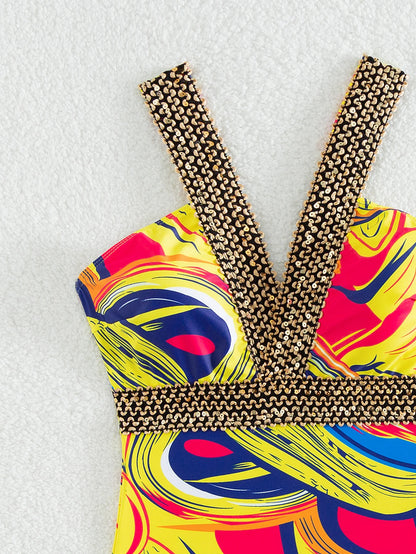 Yellow Design Print Strapped Swimwear Women Patchwork Push Up One Piece Swimsuit Monokini Backless Hollow Bathing Suit