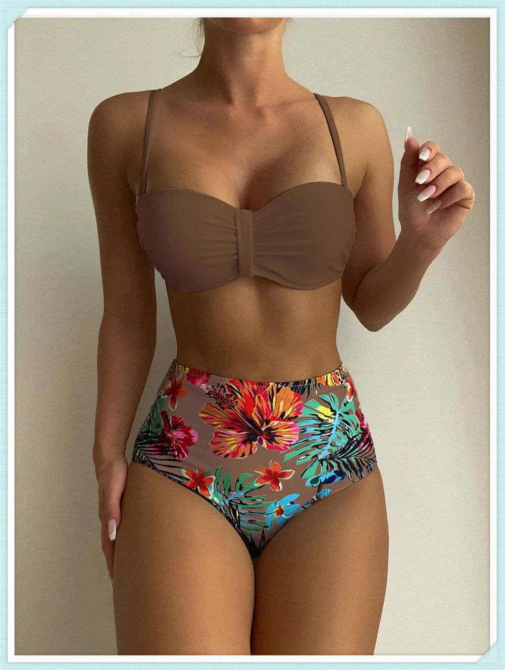Solid Bandeau Bikini Set Women Tropical Printed Swimwear Female Push Up Swimsuit High Waist Bathing Suit Tie Back Beachwear