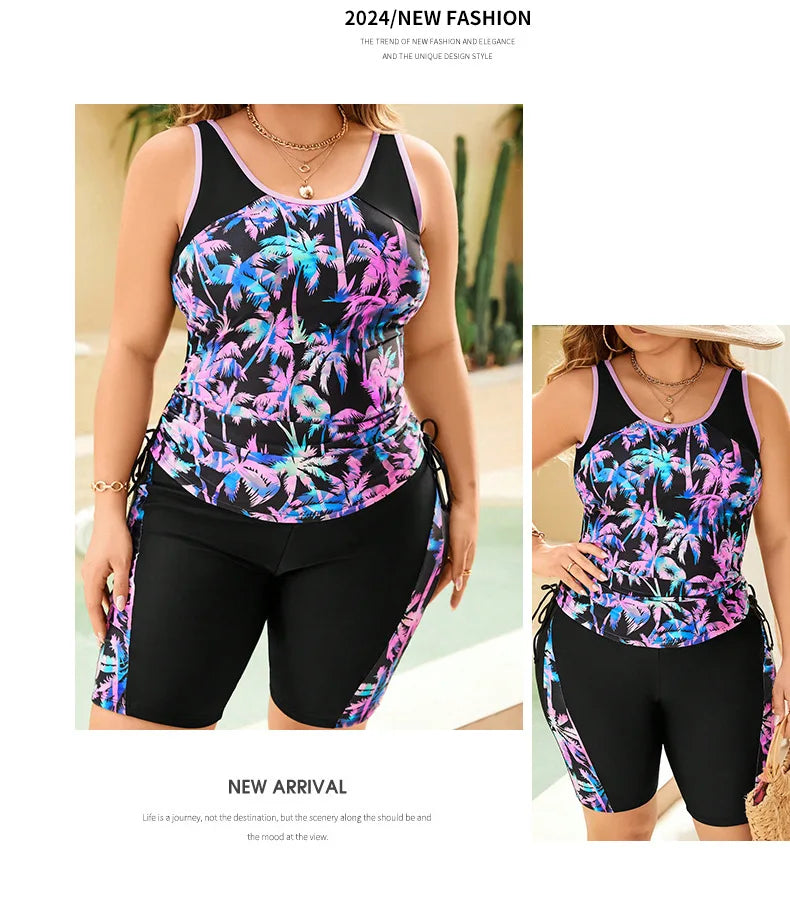 VigoBreviya Print Patchwork 2 Piece Plus Size Tankini Women Strapped High Waist Curvy Swimsuit Beach Lady Big Bathing Suit