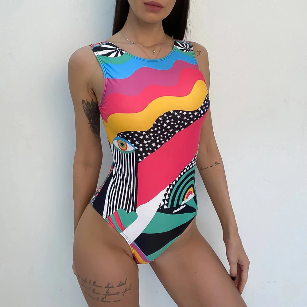 One Piece Swimwear Woman Fashion Abstract Pattern Print Backless Bodysuit Swimsuit Brazilian Beach Bathing Suits