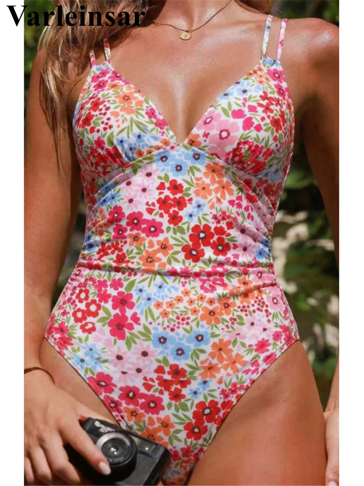 S - XL Floral Flower Printed V Neck One Piece Swimsuit Women Swimwear Female High Cut Leg Padded Bather Bathing Suit Swim