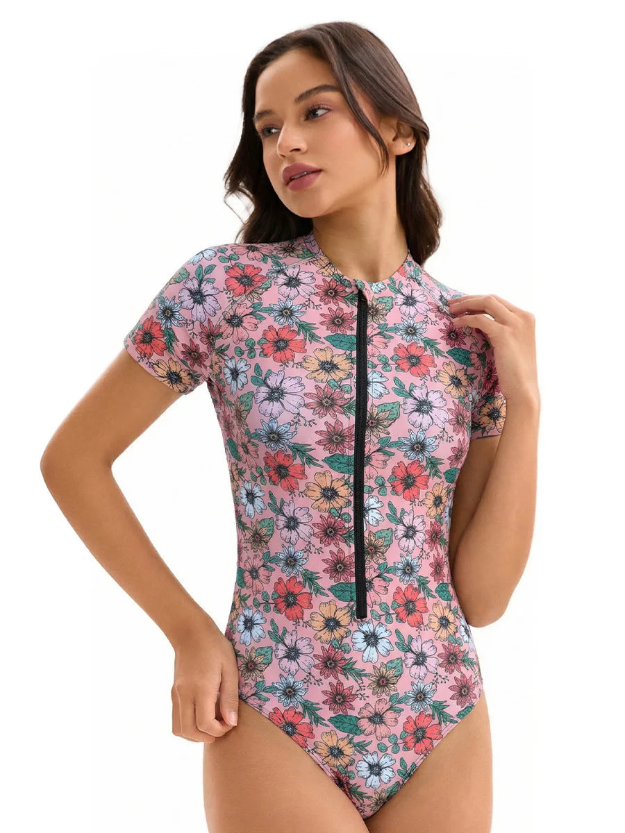 Short Sleeve Rash Guard One Piece Swimsuits for Women, Conservative Printed Short Sleeve Bathing Suits, Triangle Swim