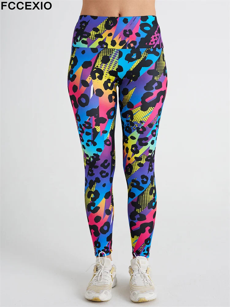 FCCEXIO Pink Leopard 3D Print Women Pants Push Up Running Sports Leggings Slim Pants Female Casual Trousers Fitness Leggings