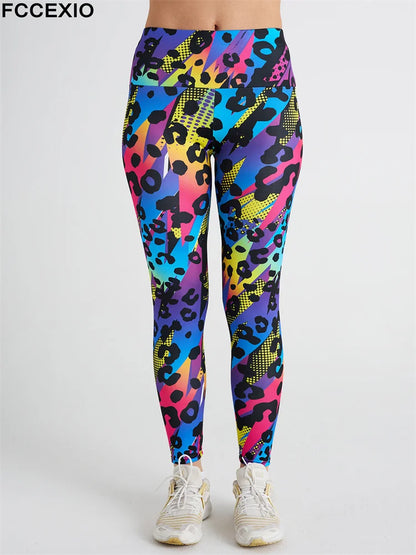 FCCEXIO Pink Leopard 3D Print Women Pants Push Up Running Sports Leggings Slim Pants Female Casual Trousers Fitness Leggings